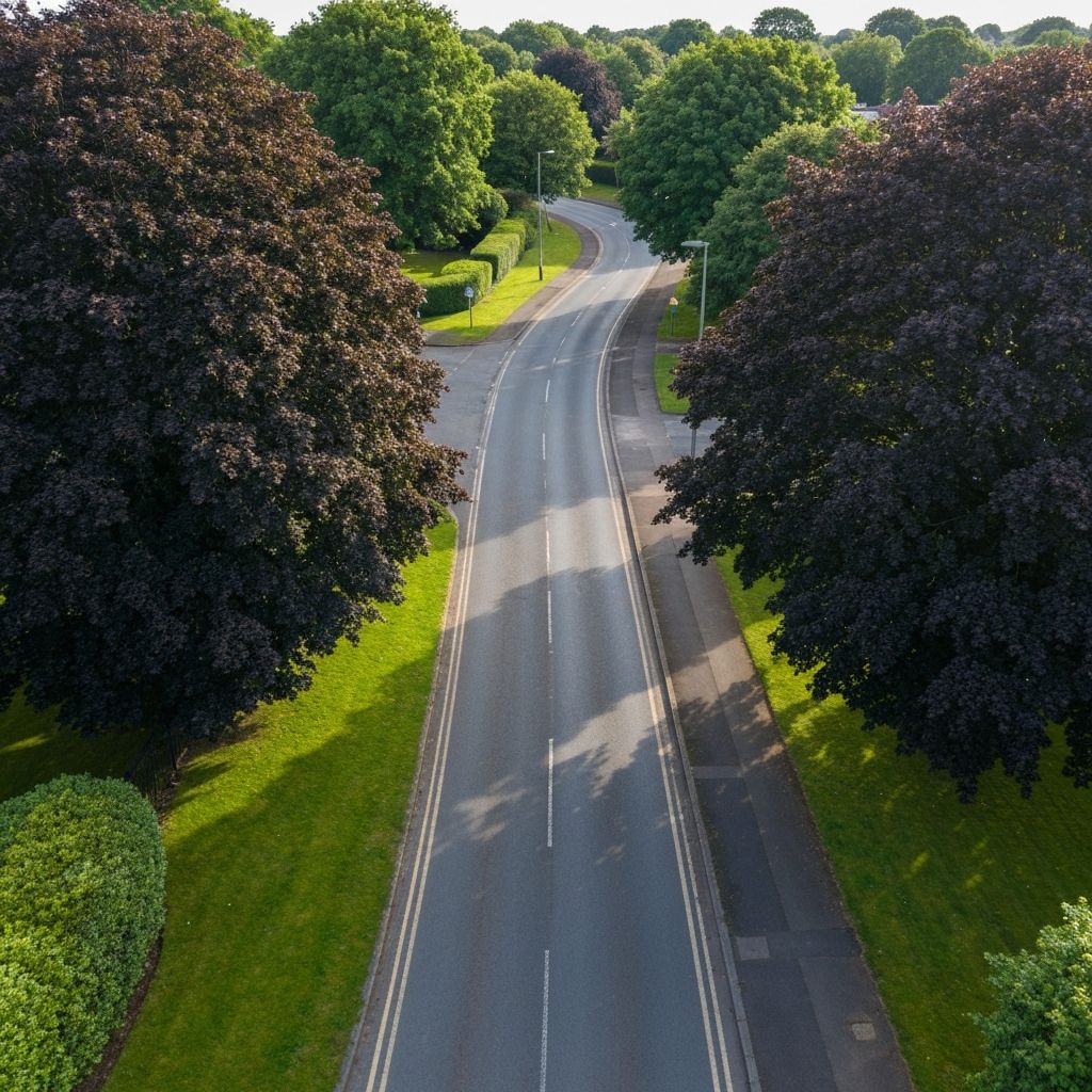 Aerial view of a quiet British suburban road